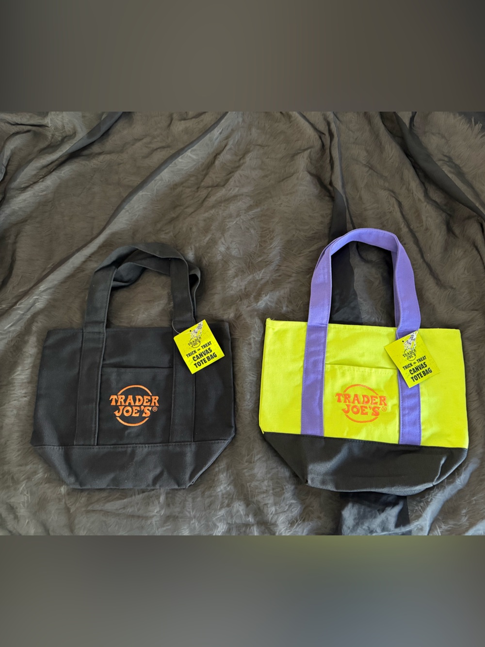 Trader Joe's Yellow & Black Canvas Tote with Purple Handles